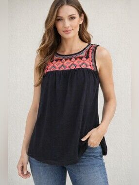 Artisan Ny Women's 100% Cotton Tank Top Bright Pink Embroidered Yoke Small